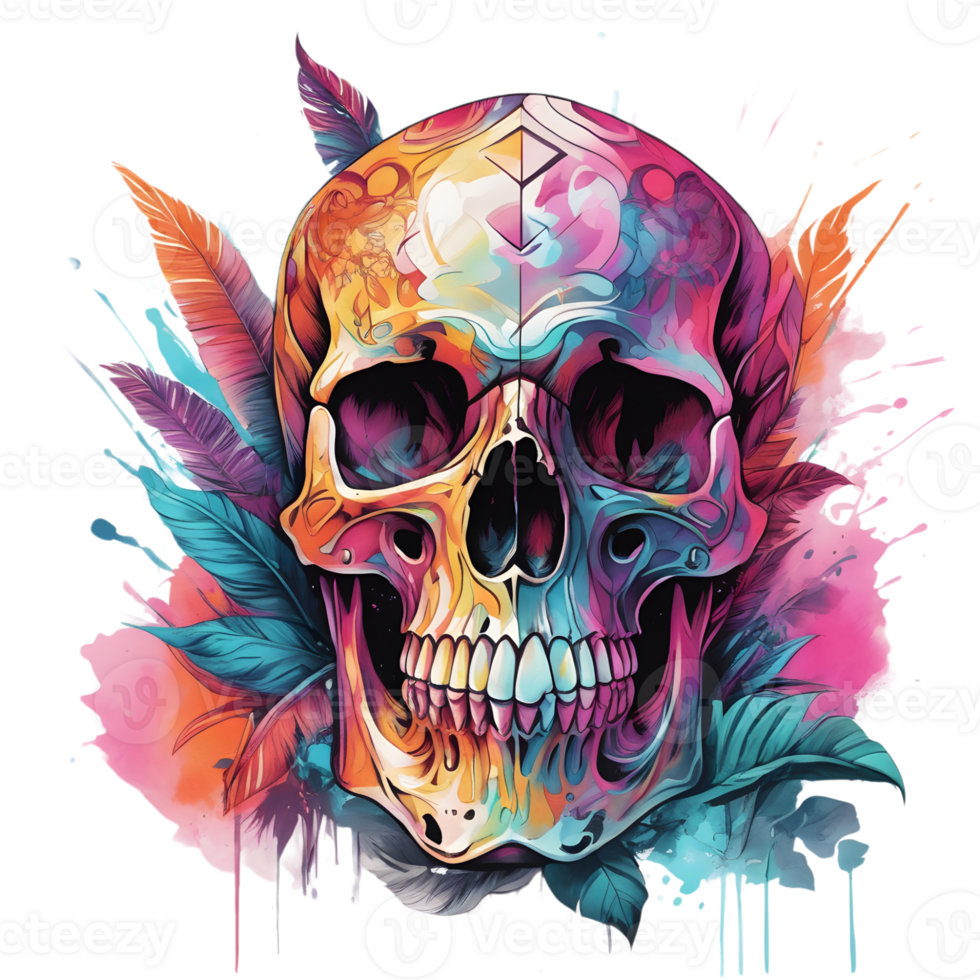 Abstract Watercolor Skull With Flowers, Watercolor Floral Skull Design For Halloween Day, Generative AI png