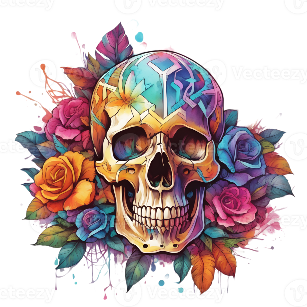 Abstract Watercolor Skull With Flowers, Watercolor Floral Skull Design For Halloween Day, Generative AI png