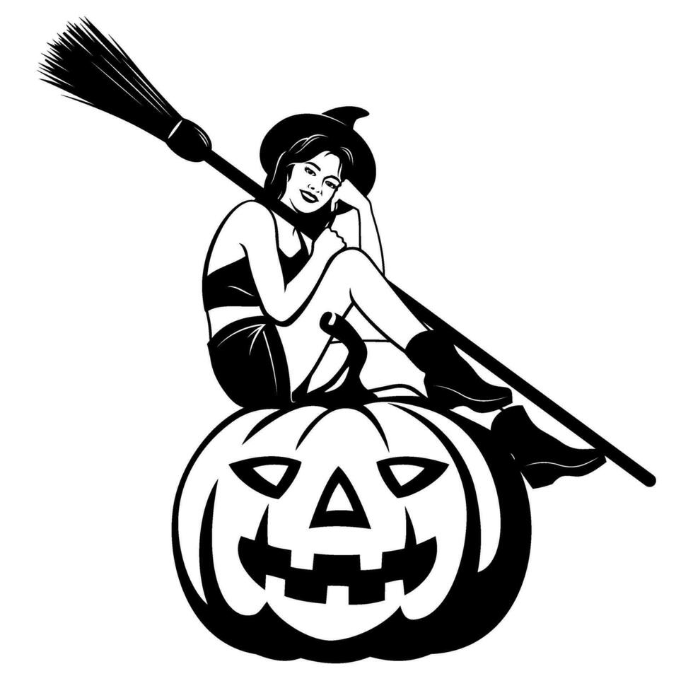 Young Halloween Witch sitting on a pumpkin. Black and white Ink style vector clipart. All figures are separate objects.