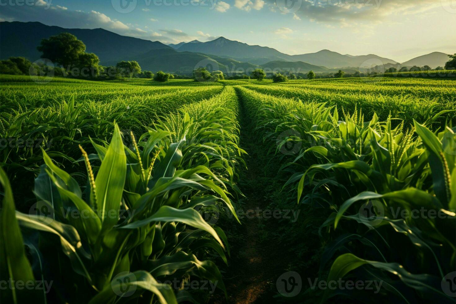 privado granjas maíz filas, vibrante verde coles cobija el fértil campo ai generado foto