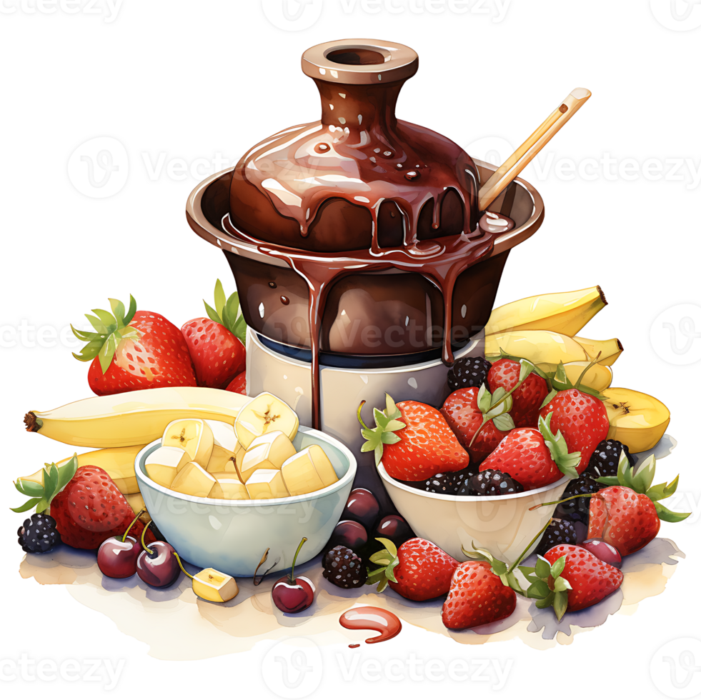 Chocolate fondue with fruits watercolor sublimation transparent background AI Generative png