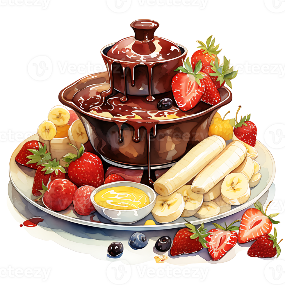 Chocolate fondue with fruits watercolor sublimation transparent background AI Generative png