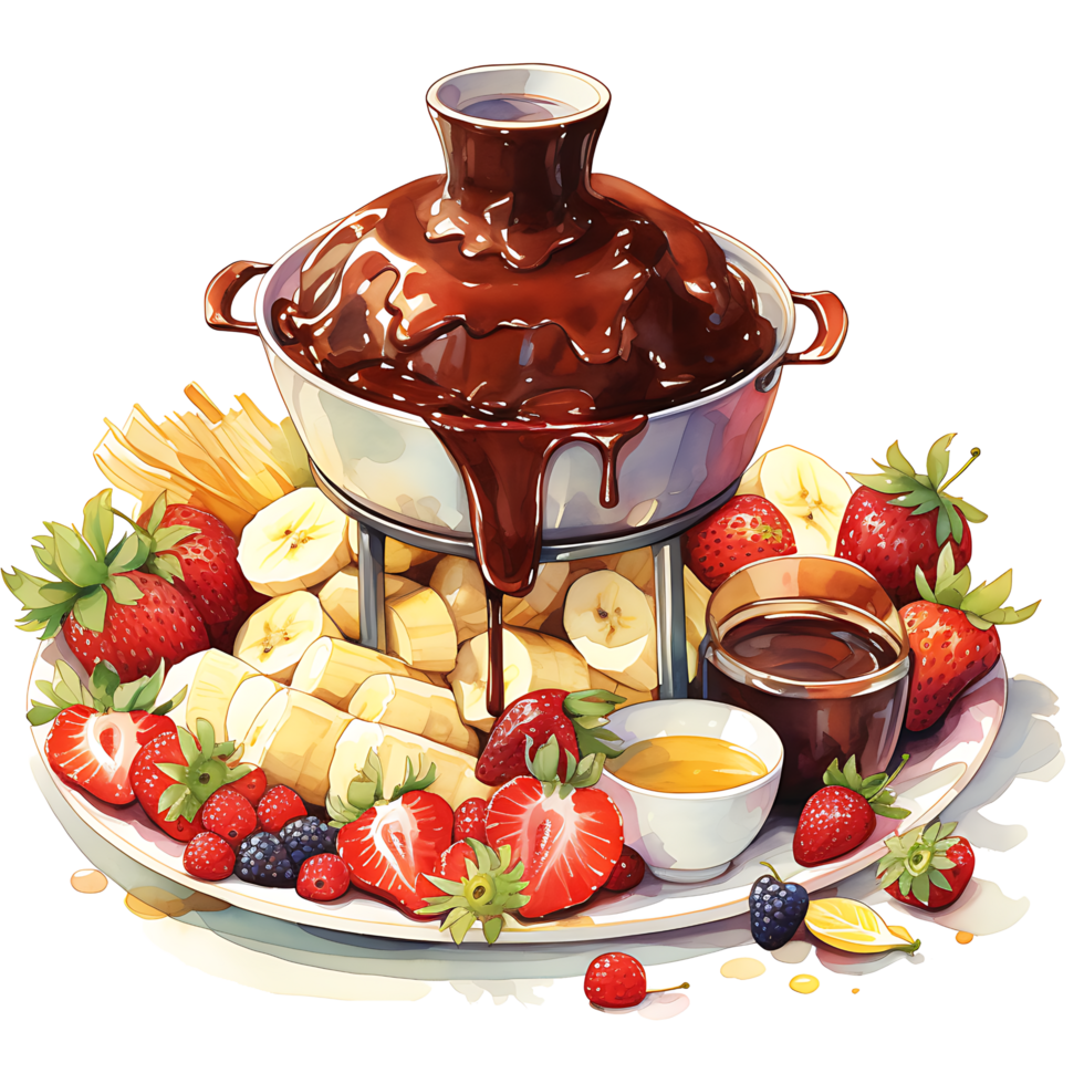 Chocolate fondue with fruits watercolor sublimation transparent background AI Generative png
