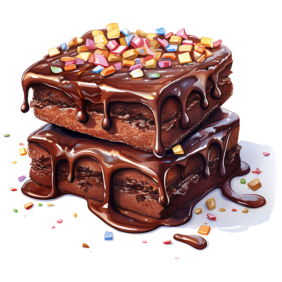 stack of brownies with caramel glaze and candies Watercolor Sublimation AI Generative png