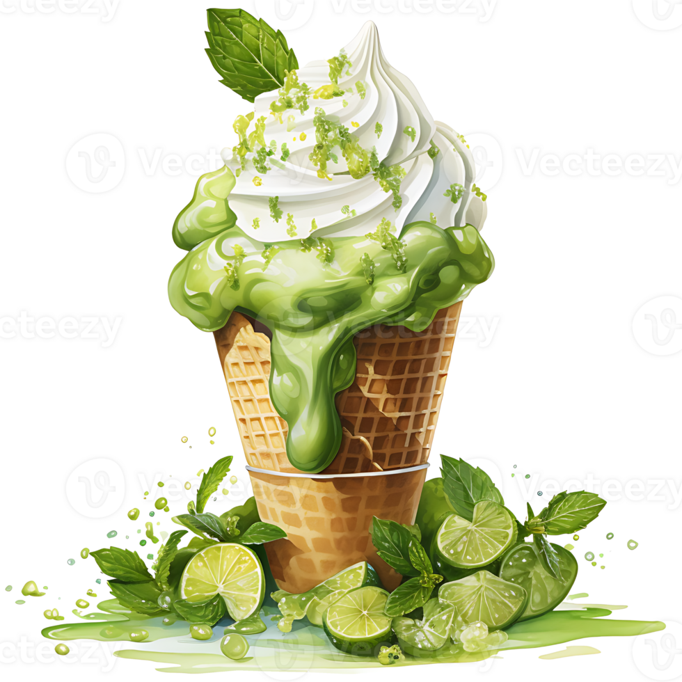Matcha Green Tea Ice Cream with mint Watercolor Sublimation AI