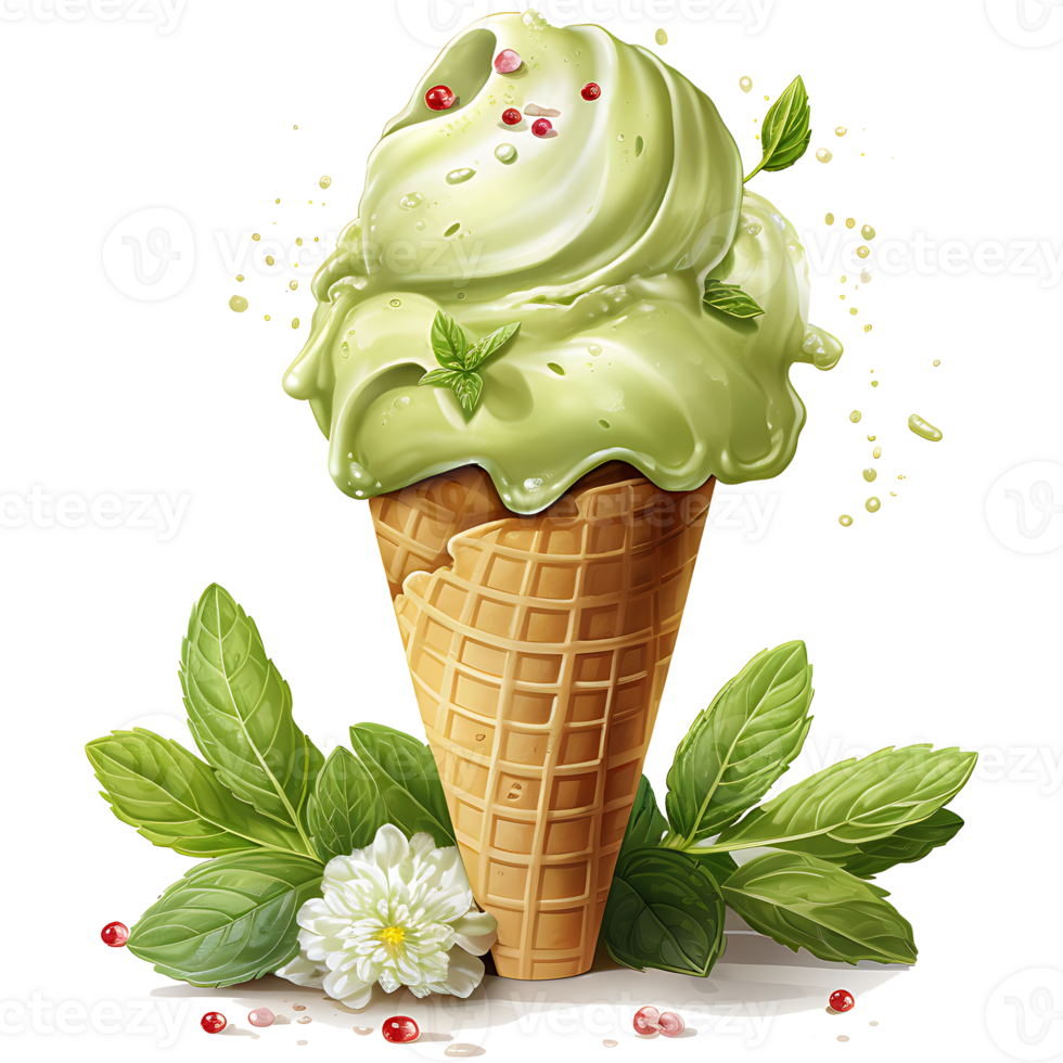 Matcha Green Tea Ice Cream with mint Watercolor Sublimation AI Generative png