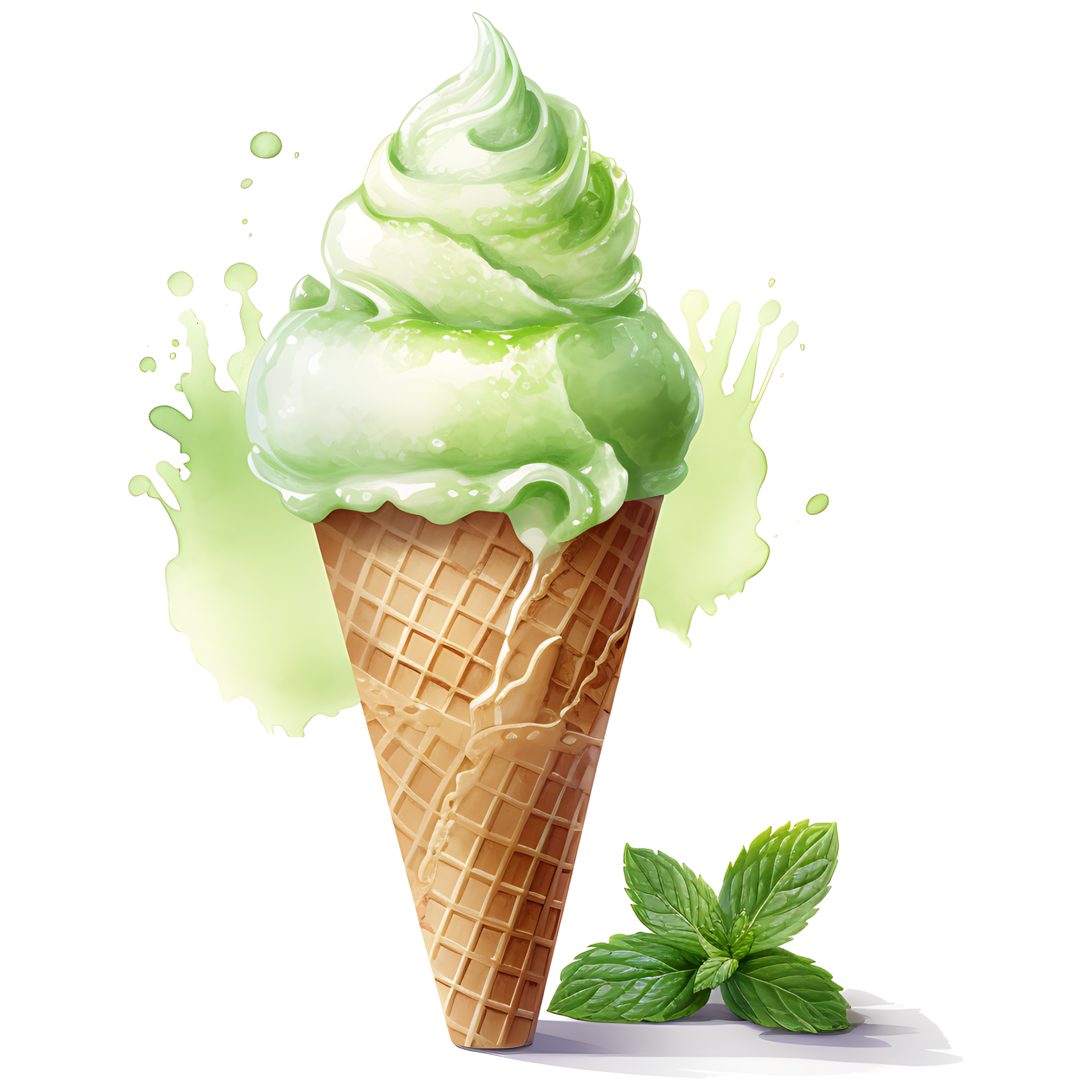 Matcha Green Tea Ice Cream with mint Watercolor Sublimation AI