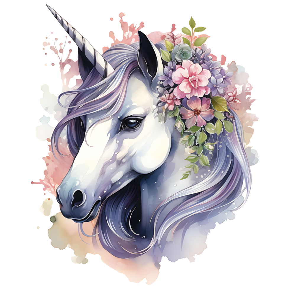 Einhorn mit Blumen- Aquarell Sublimation ai generativ png