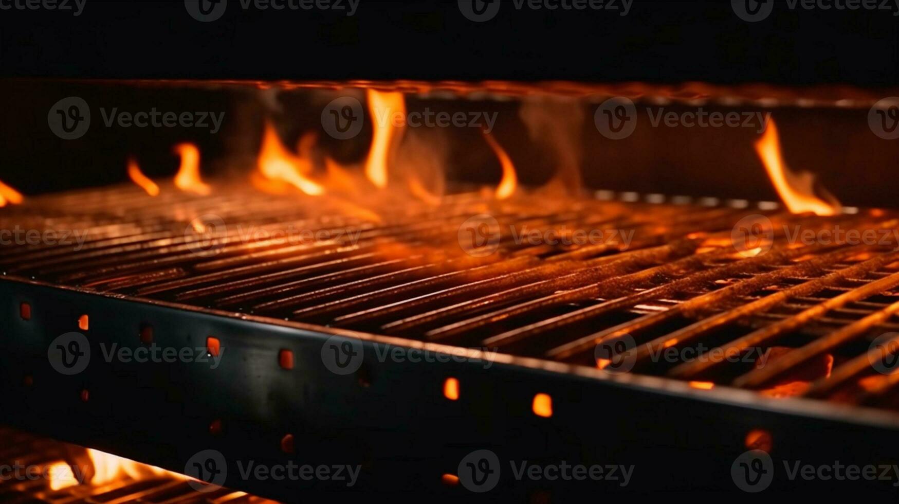 Barbecue spectacle, Empty grill illuminated by vibrant flames, a mesmerizing sight. AI Generated photo