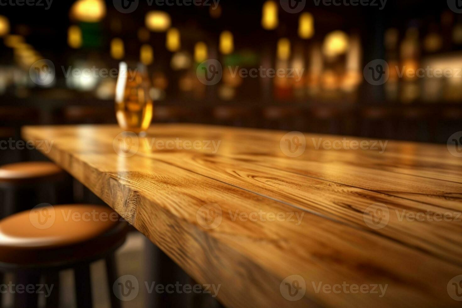 Top view of a wooden table against a blurred bar interior. AI Generated photo
