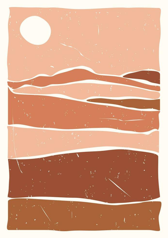 Night scene in desert. Modern boho landscape. Back to nature. Abstract silhouette hills. Aesthetic mountains. Stock vector illustration.