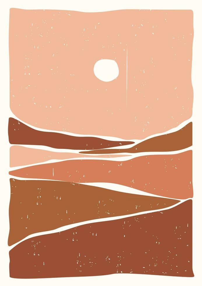 Night scene in desert. Modern boho landscape. Back to nature. Abstract silhouette hills. Aesthetic mountains. Stock vector illustration.