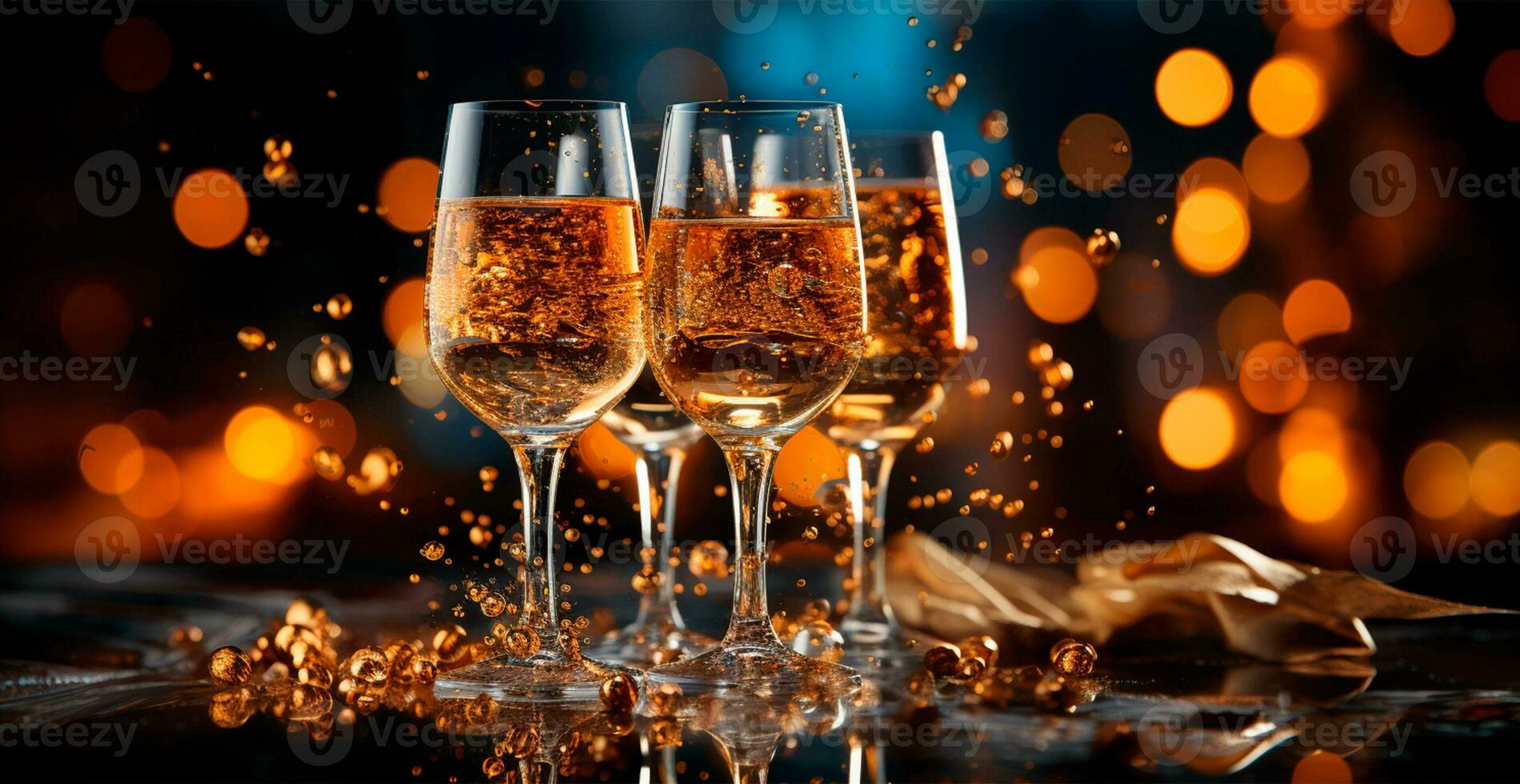 Glasses of champagne or sparkling wine in a festive atmosphere. Merry Christmas and Happy New Year - AI generated image photo