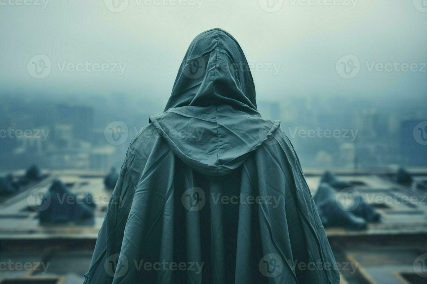 Mysterious persona in hood on rooftop, faceless, surrounded by empty space AI Generated photo