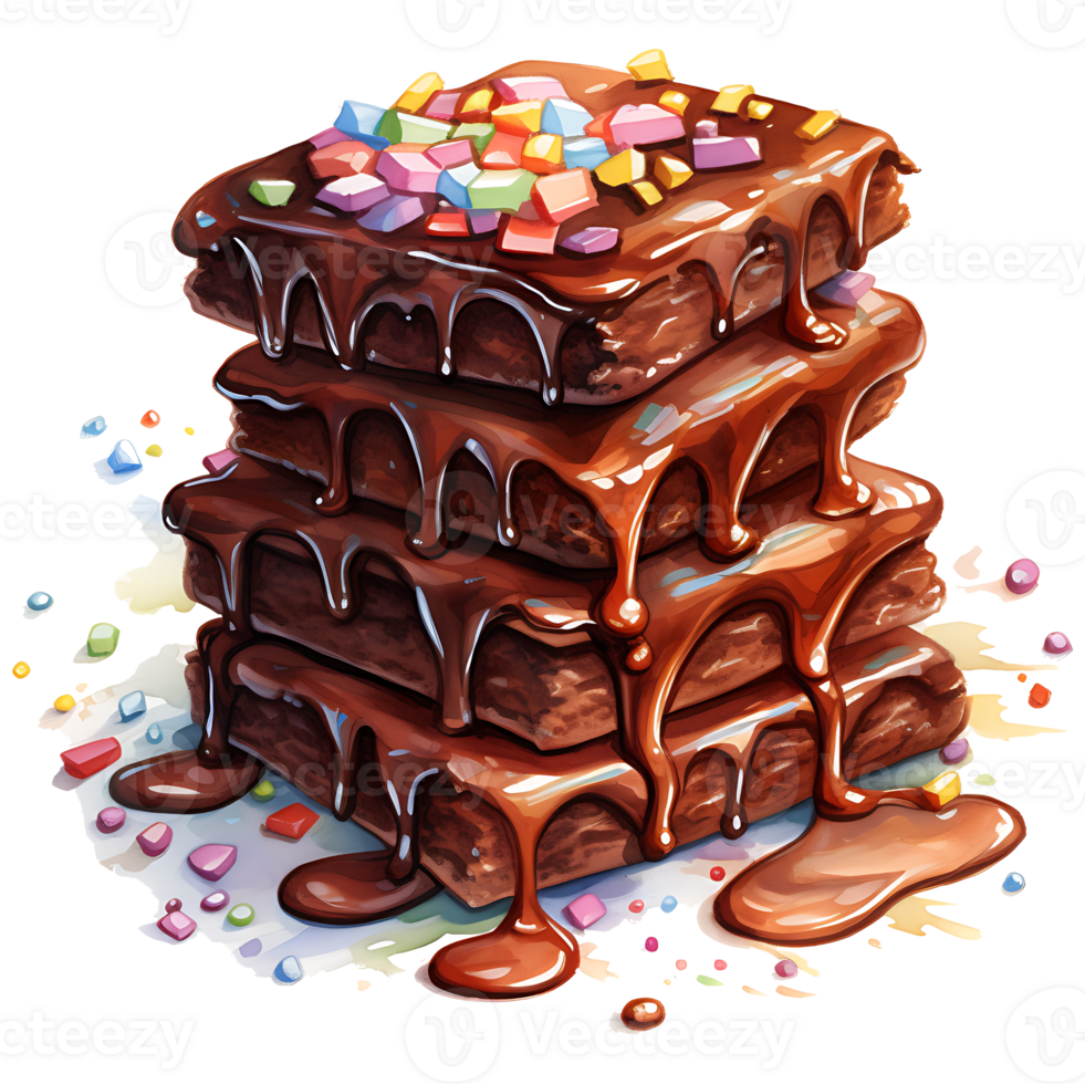 stack of brownies with caramel glaze and candies Watercolor Sublimation AI Generative png