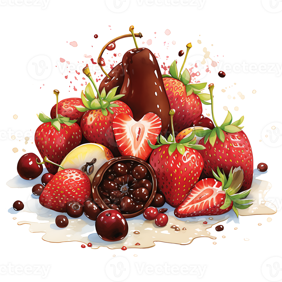 Chocolate fondue with fruits watercolor sublimation transparent background AI Generative png