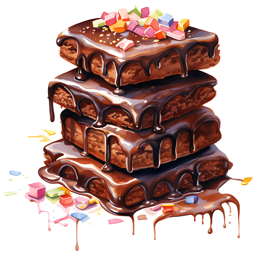 stack of brownies with caramel glaze and candies Watercolor Sublimation AI Generative png