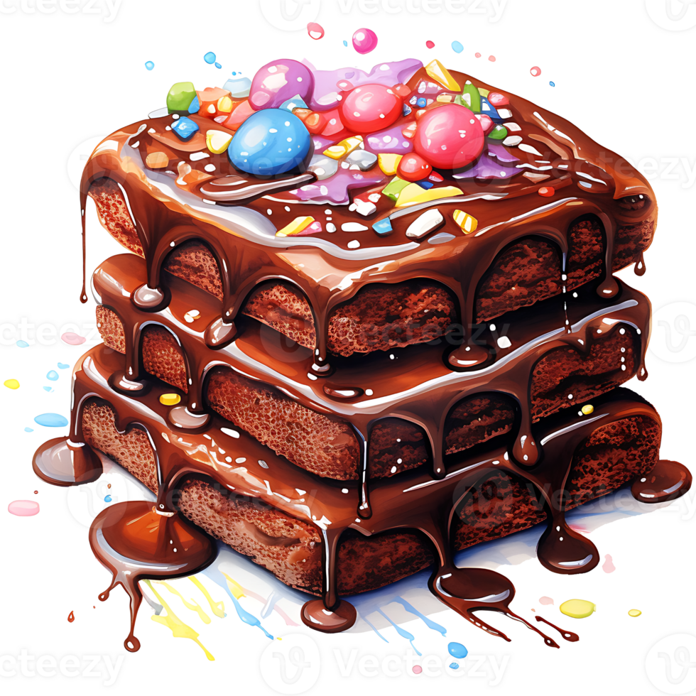 stack of brownies with caramel glaze and candies Watercolor Sublimation AI Generative png