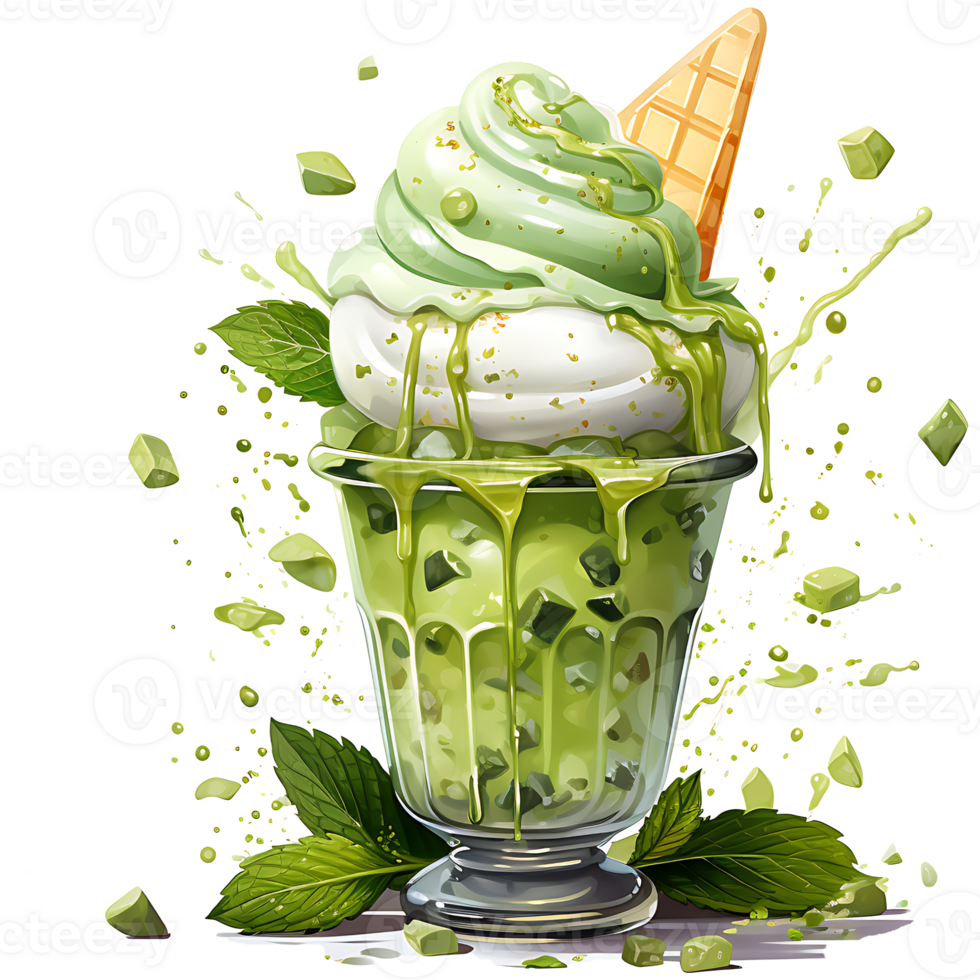 Matcha Green Tea Ice Cream with mint Watercolor Sublimation AI Generative png