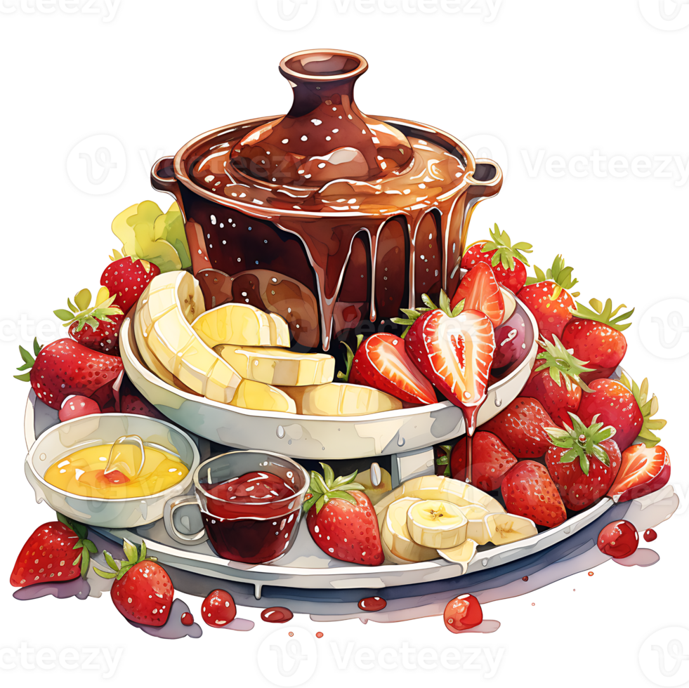 Chocolate fondue with fruits watercolor sublimation transparent background AI Generative png