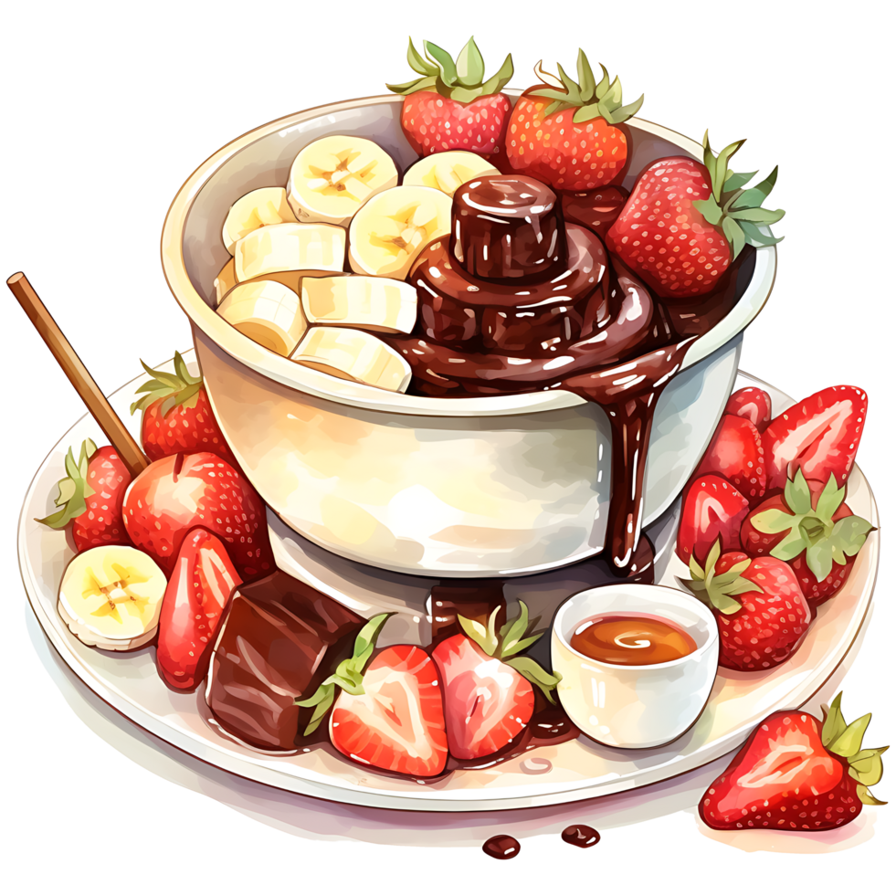 Chocolate fondue with fruits watercolor sublimation transparent background AI Generative png