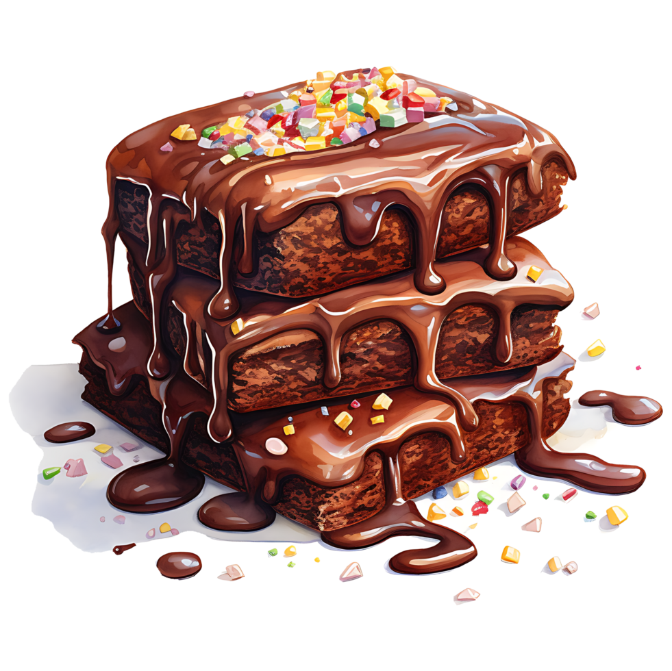 stack of brownies with caramel glaze and candies Watercolor Sublimation AI Generative png