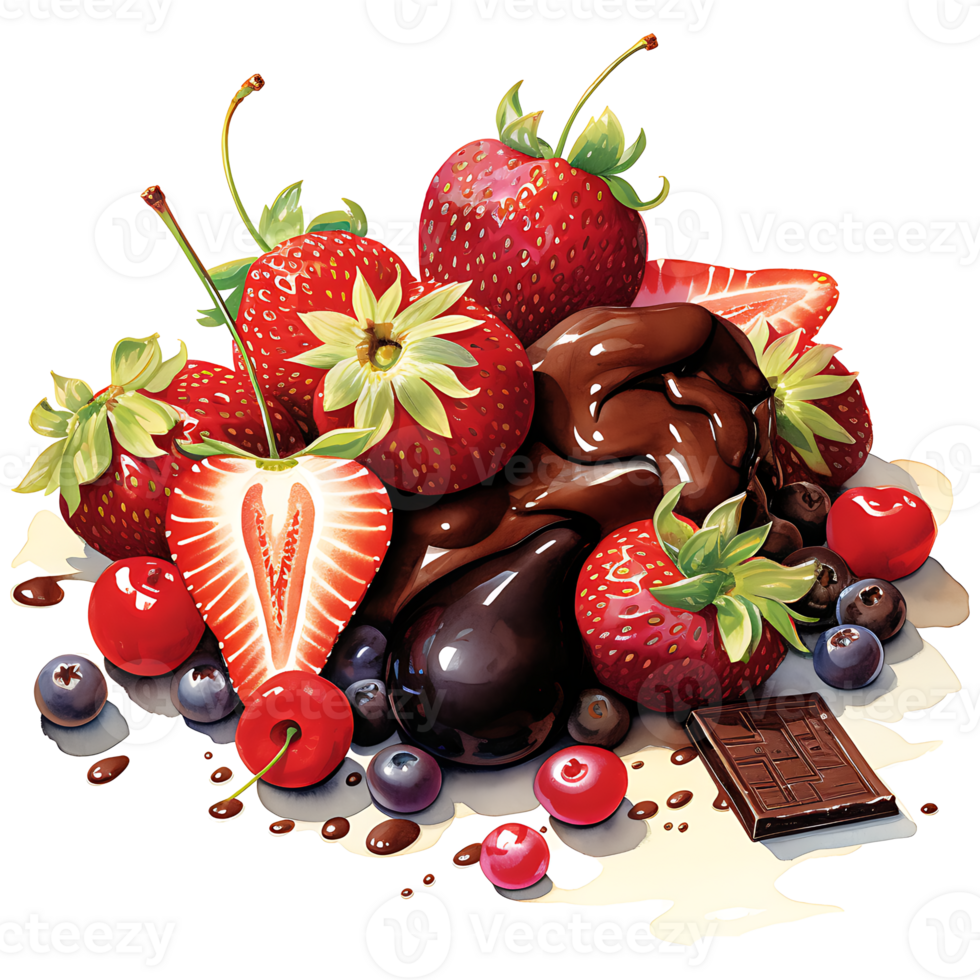 Chocolate fondue with fruits watercolor sublimation transparent background AI Generative png