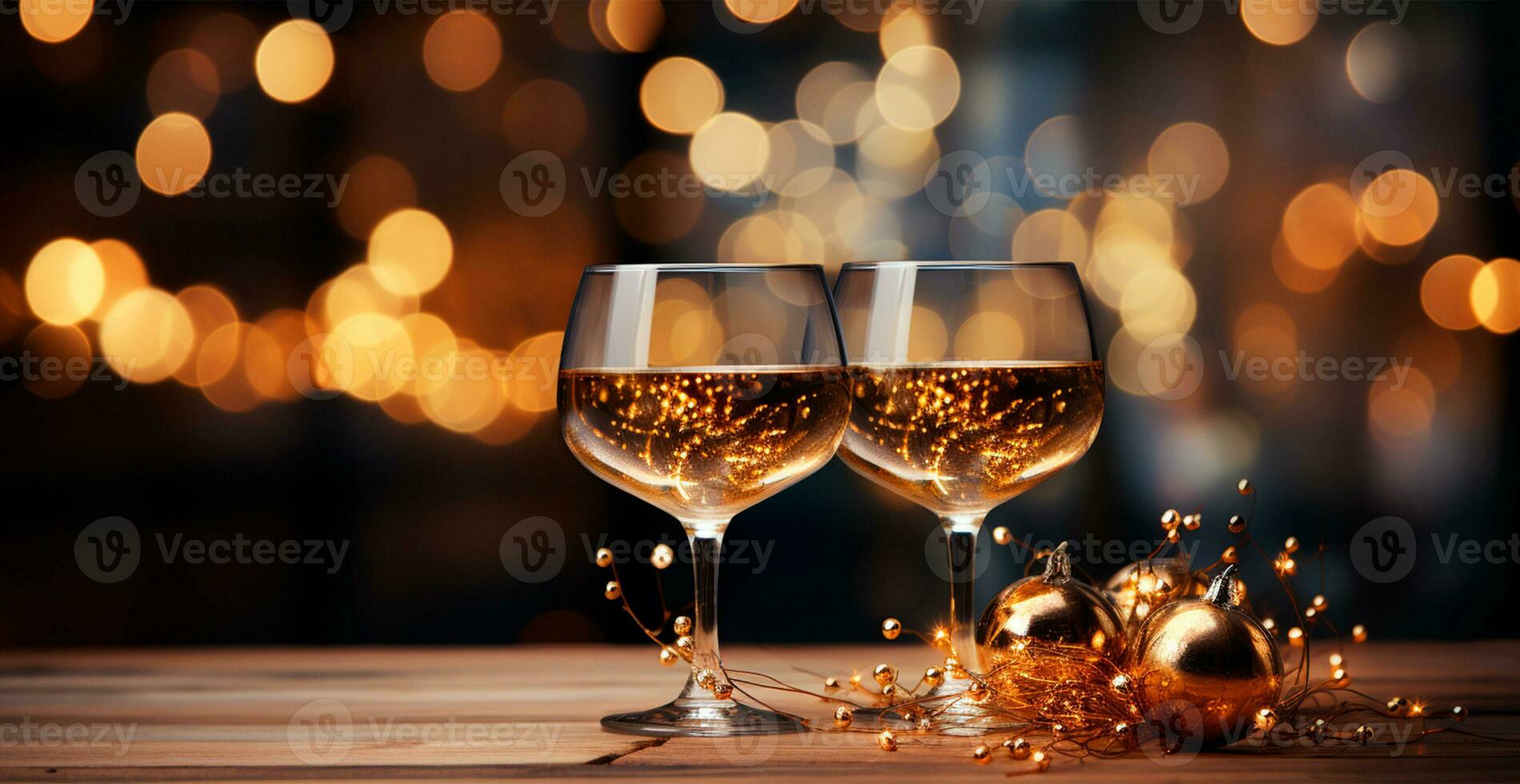 Glasses of champagne or sparkling wine in a festive atmosphere. Merry Christmas and Happy New Year - AI generated image photo