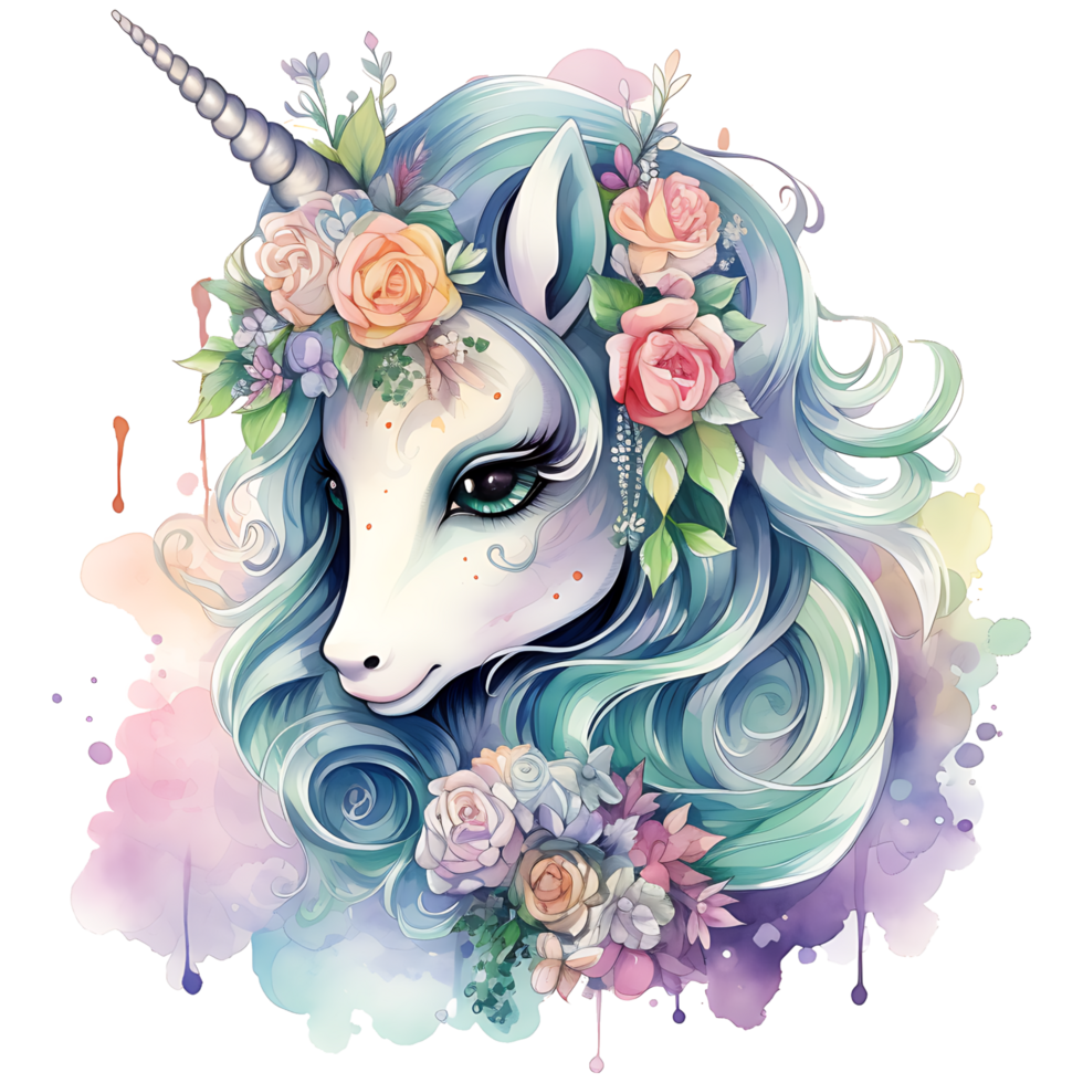 unicornio con floral acuarela sublimación ai generativo png