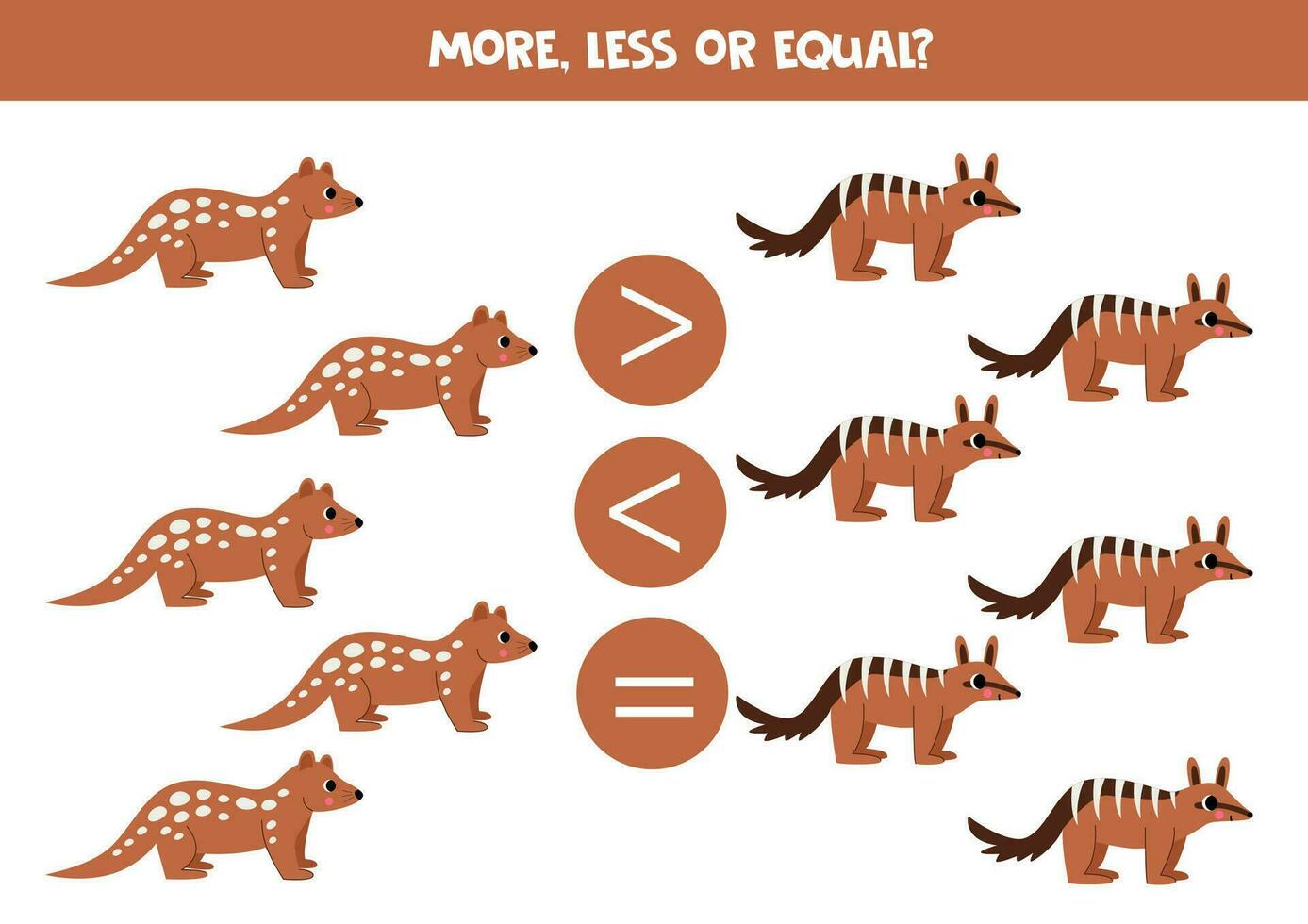 More, less or equal with cartoon Australian animals. Numbat and tiger quoll. vector