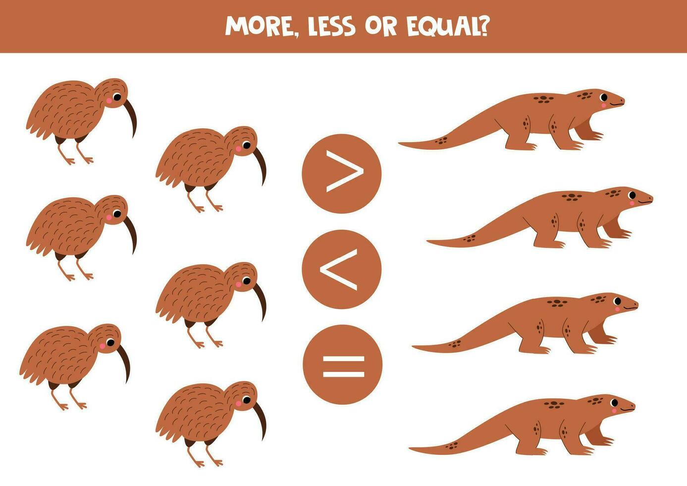 More, less or equal with cute Australian animals. Comparison game for children. vector