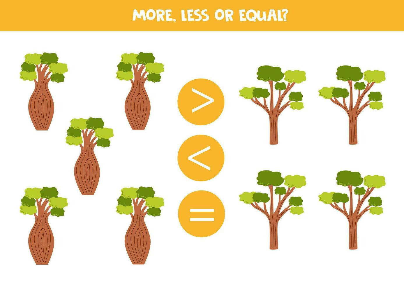 More, less or equal with cartoon Australian trees. vector