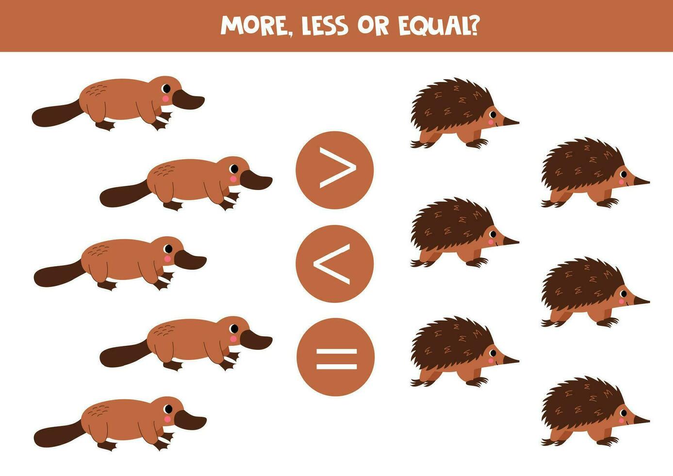 More, less or equal with cute Australian animals. Comparison game for children. vector