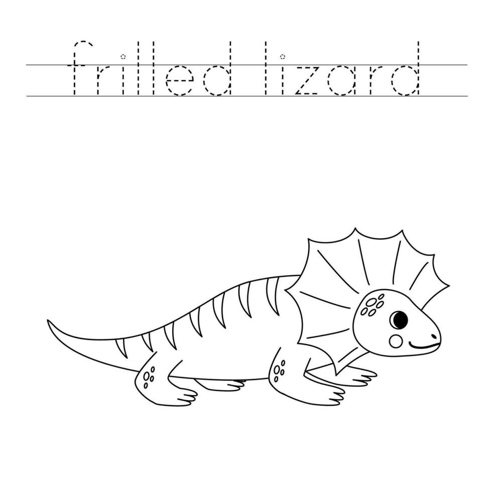 Trace the letters and color cartoon frilled lizard. Handwriting practice for kids. vector