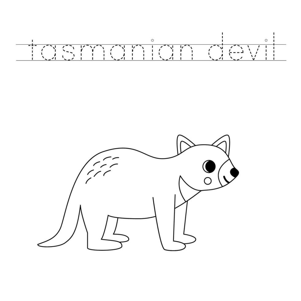 Trace the letters and color cartoon Tasmanian devil. Handwriting practice for kids. vector