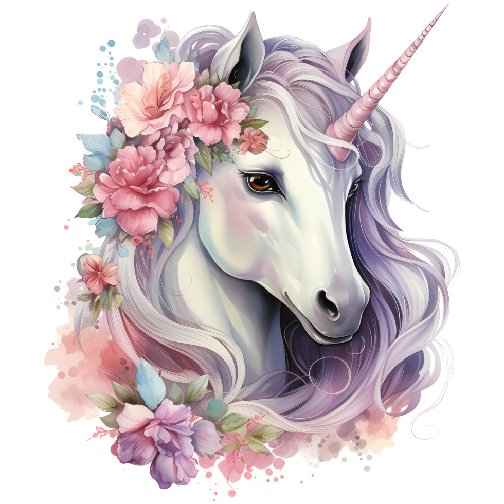 Einhorn mit Blumen- Aquarell Sublimation ai generativ png