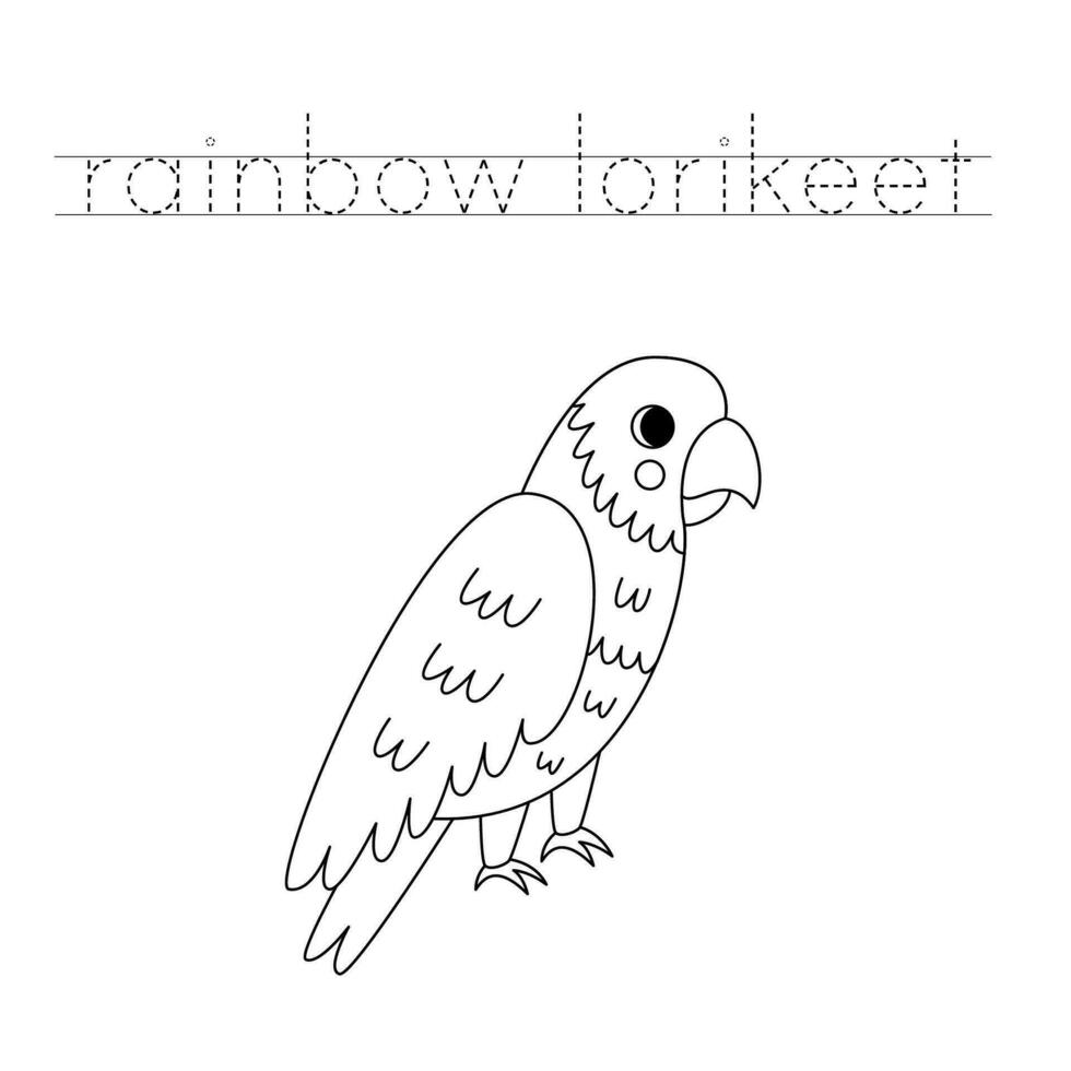 Trace the letters and color cartoon rainbow lorikeet. Handwriting practice for kids. vector