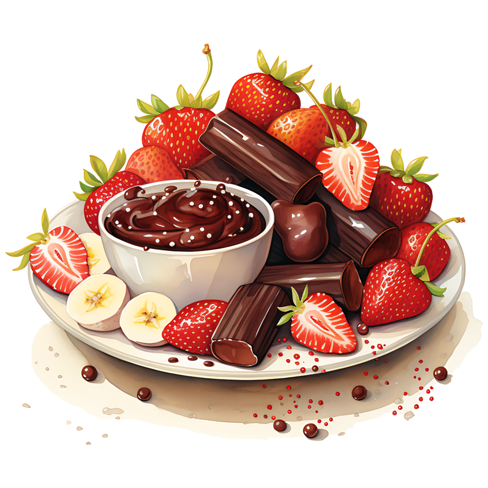 Chocolate fondue with fruits watercolor sublimation transparent background AI Generative png