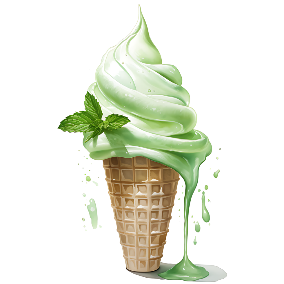 matcha grön te is grädde med mynta vattenfärg sublimering ai generativ png