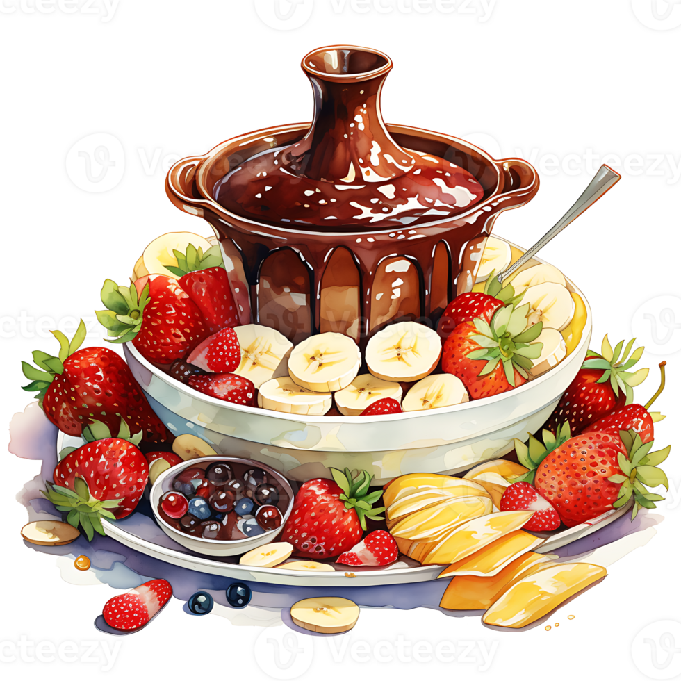 Chocolate fondue with fruits watercolor sublimation transparent background AI Generative png
