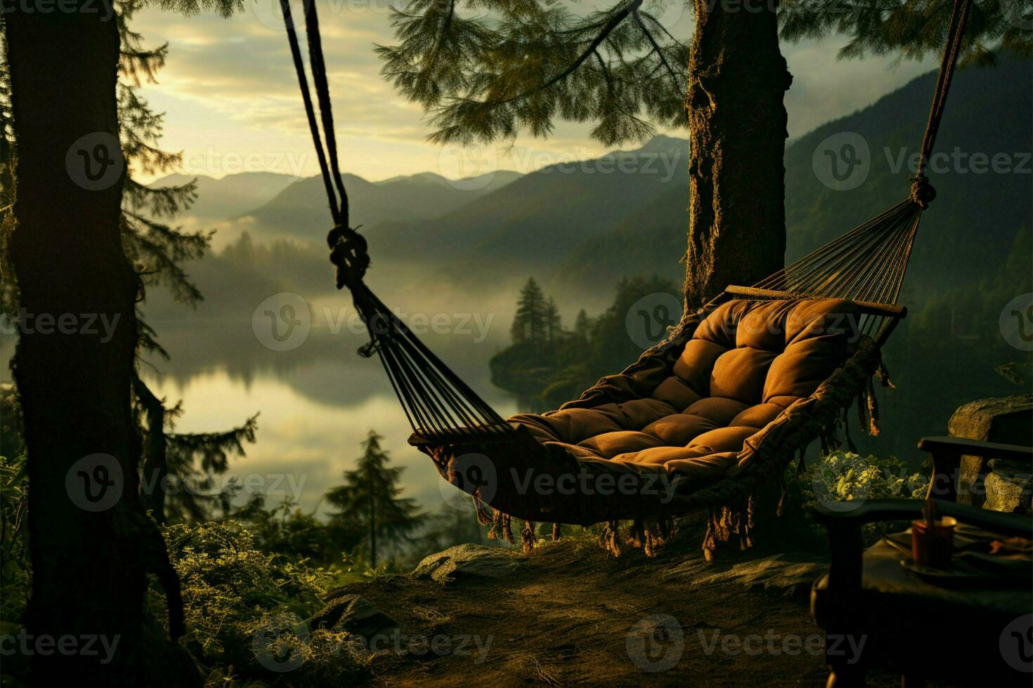 Hammock bound man, pine trees, serene lake Norwegian summer mornings tranquil beauty AI Generated photo