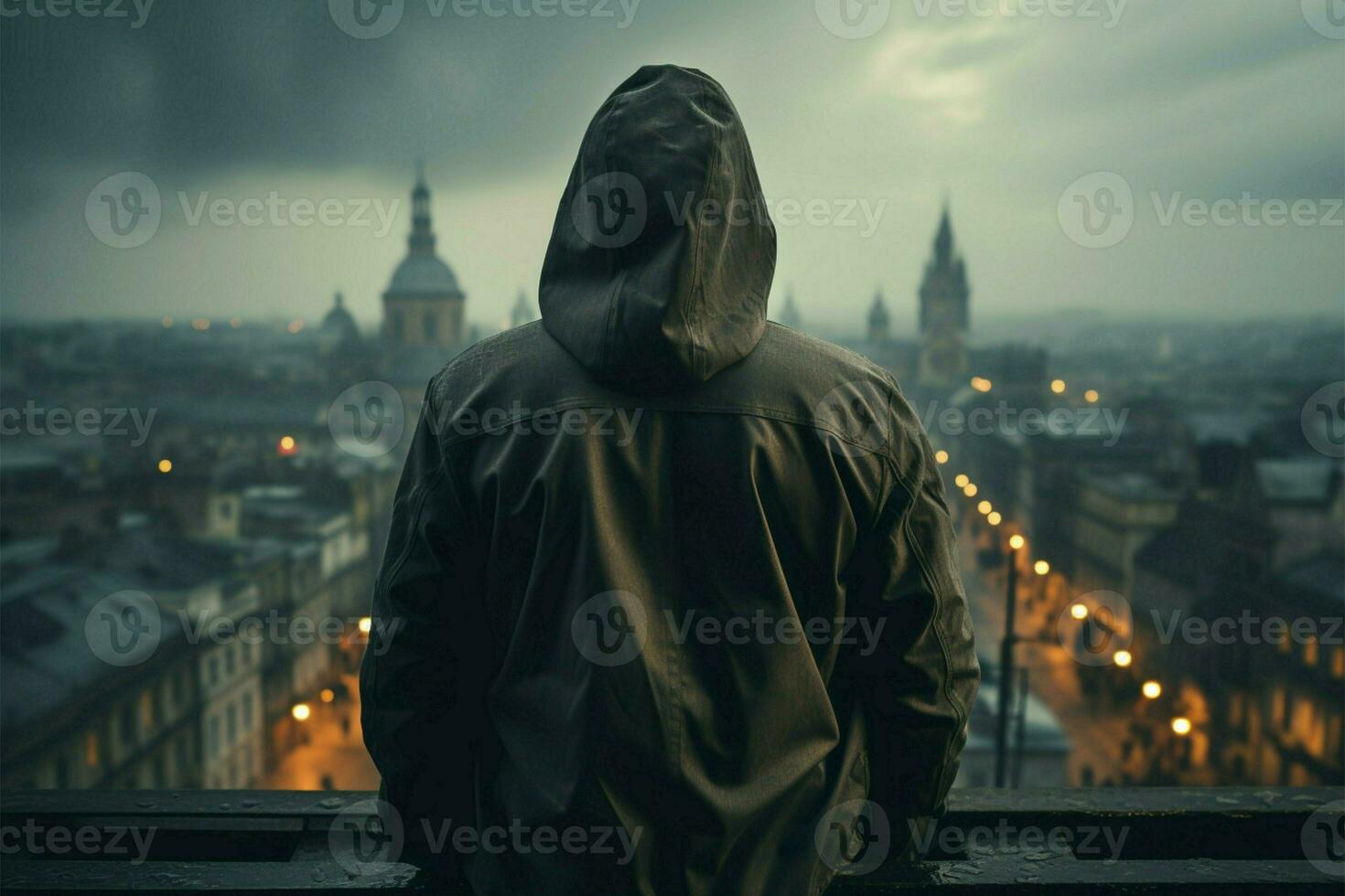 Rooftop ambiance hooded man with hidden face, copy space intensifying intrigue AI Generated photo