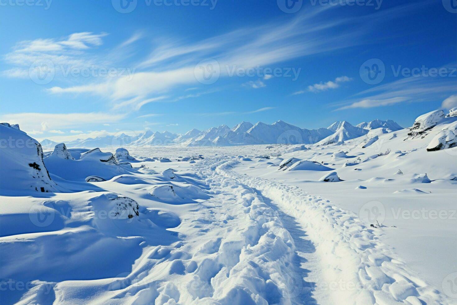 Uphill in snow Human footprints document determined climb through wintry hill AI Generated photo