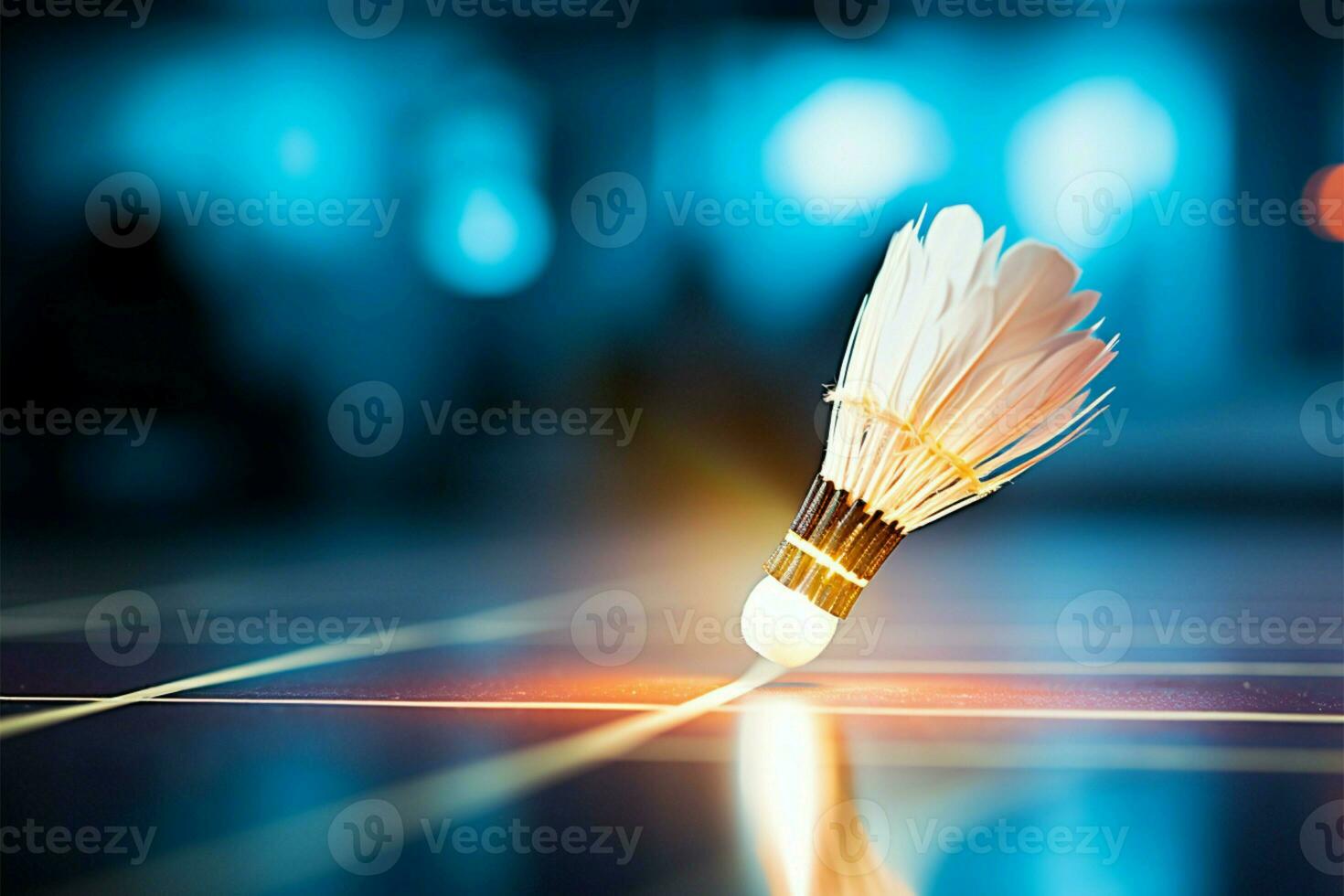 intenso bádminton fósforo, volante, azul corte, competitivo jugar en acción ai generado foto