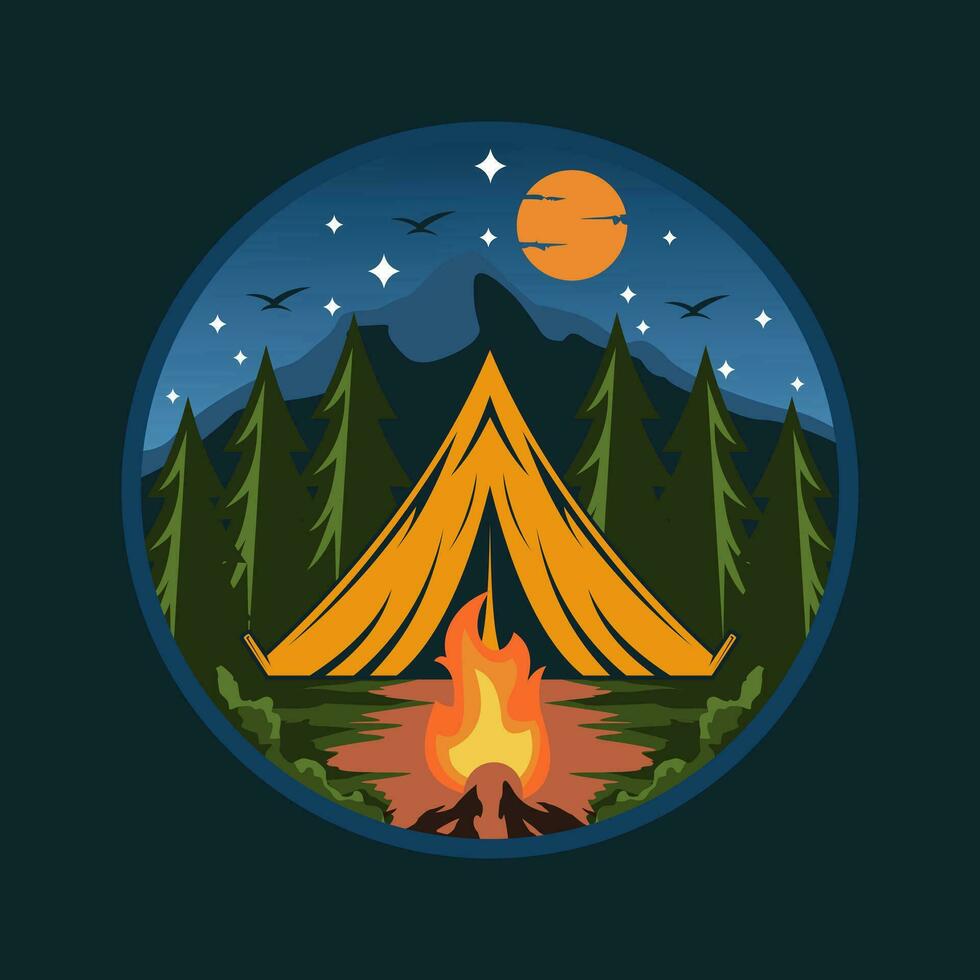 cámping tienda ilustración con montañas bosque para logo insignias póster emblema vector