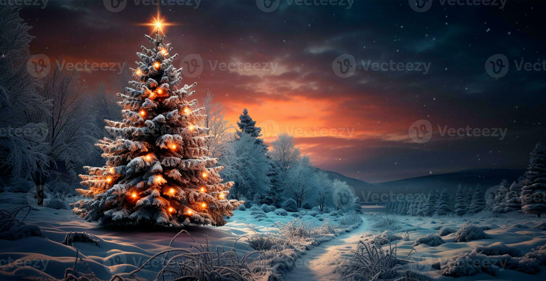 New Year holiday concept. Large Christmas tree decorated with balls and garland - AI generated image photo