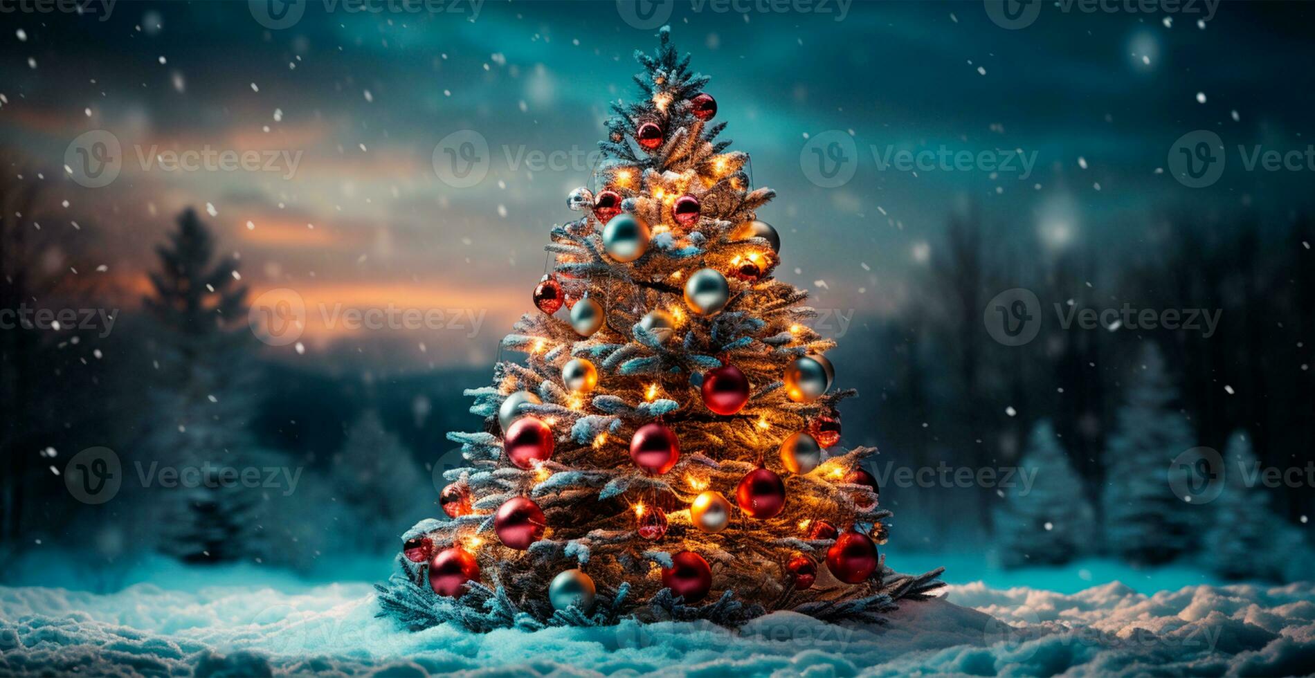 New Year holiday concept. Large Christmas tree decorated with balls and garland - AI generated image photo