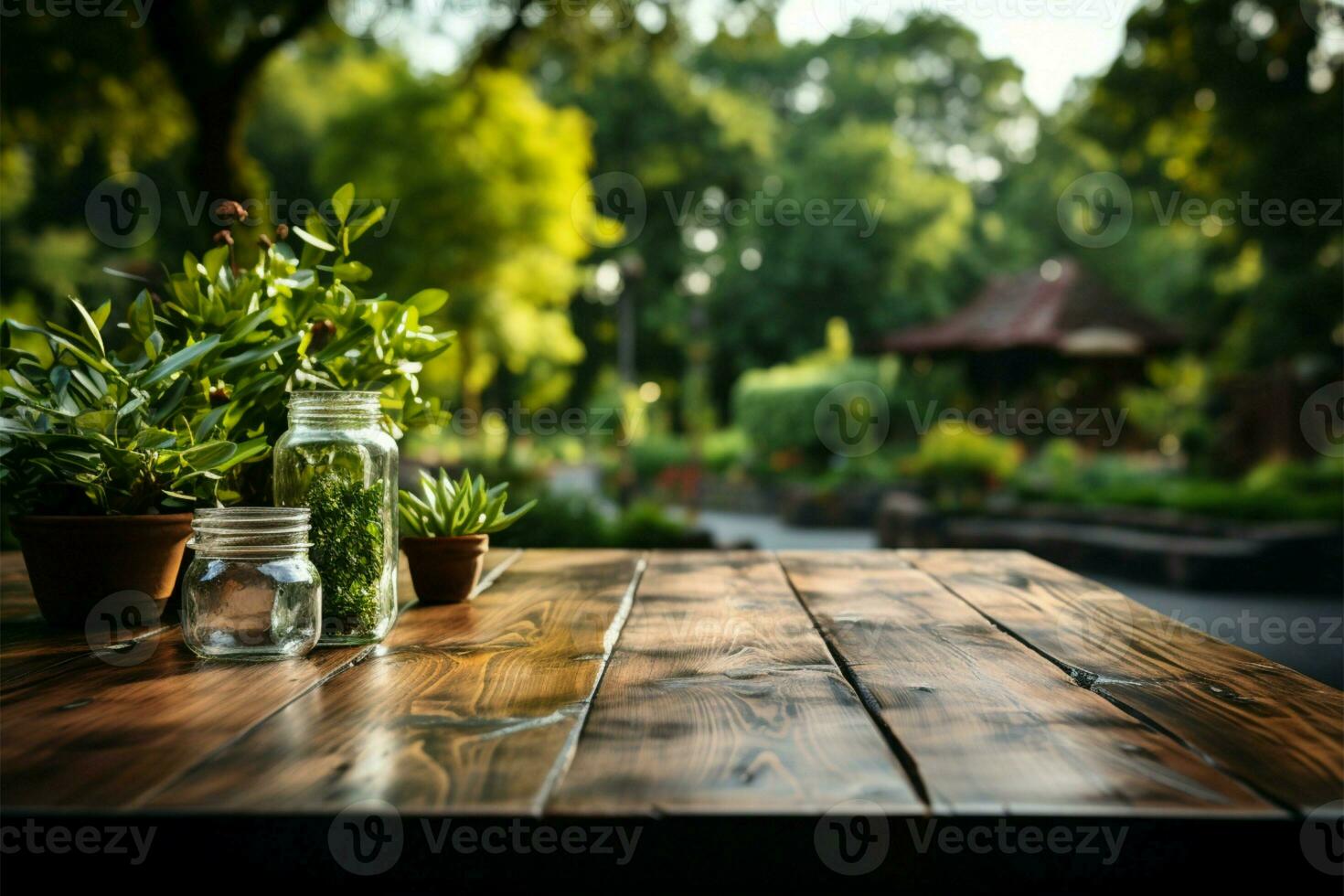 Green backdrop market Vacant wooden table in park invites nature themed product displays AI Generated photo