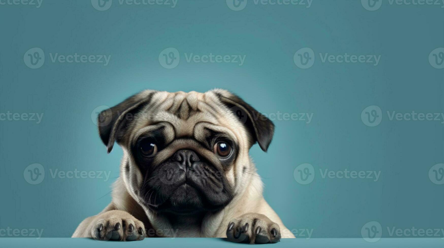 Playful pug on blue background with banner for text placement. AI Generated photo