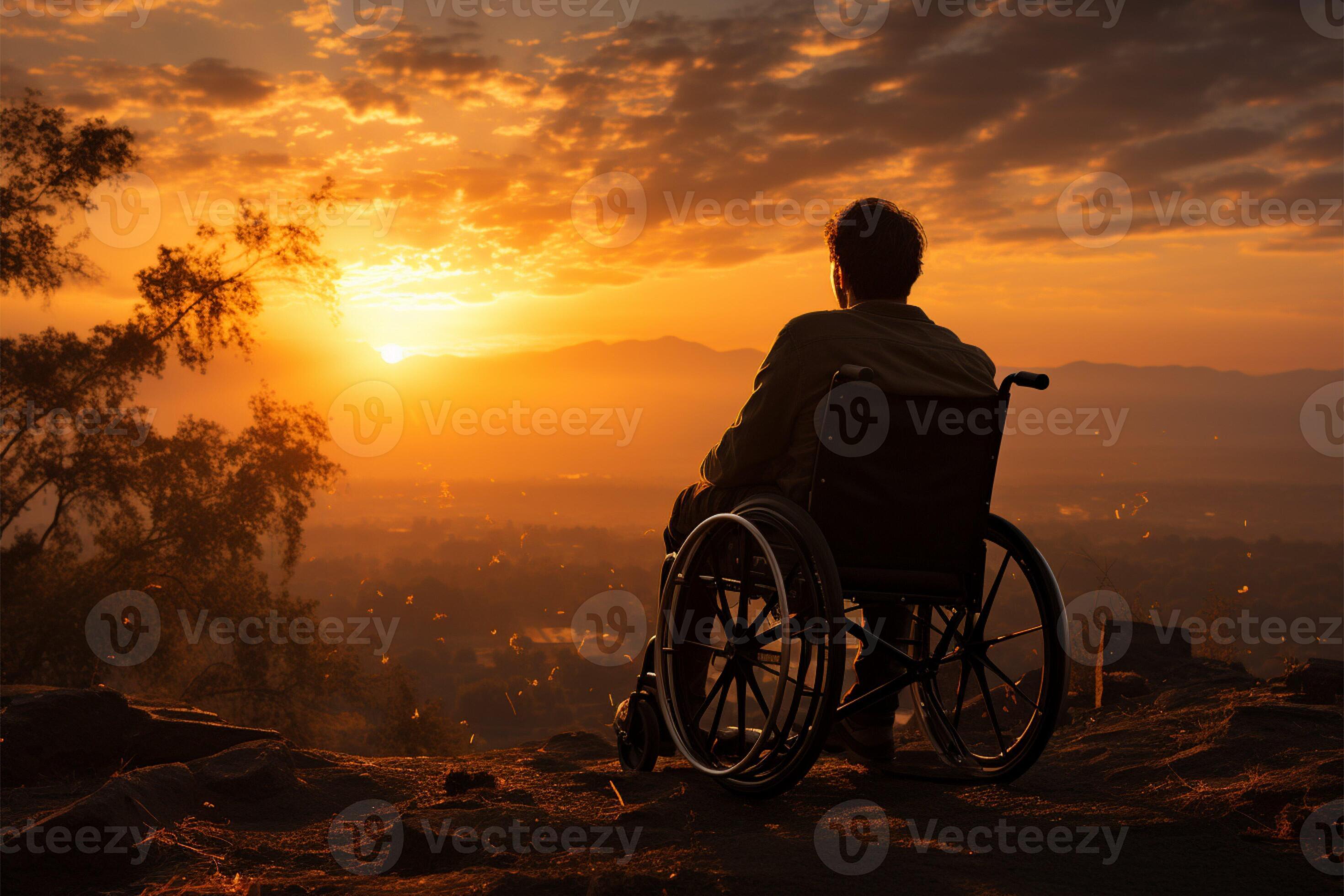 Wheelchair bound silhouette, symbolizing empowerment amid a sunsets